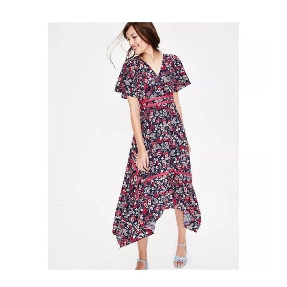 Boden Holly Hanky Hem Floral Midi Dress‎ Asymmetrical Hem Sz 6R Bohemian Comfy